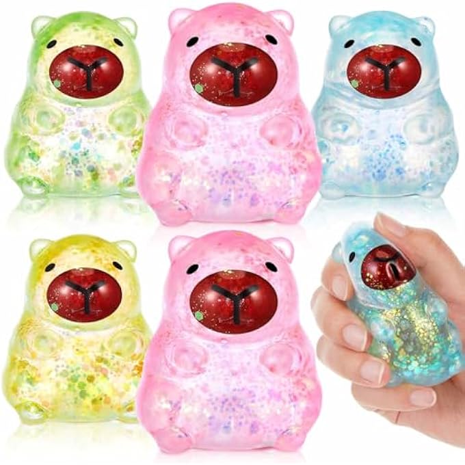 Simgoing 6 Pcs Sensory Fidget Stress Relief Glitter Capybara Squeeze 4 Colors Cute Malt Sugar Filled Stretchy Capybara Squeeze for Adults Soothing Birthday Party Gift - Image 1