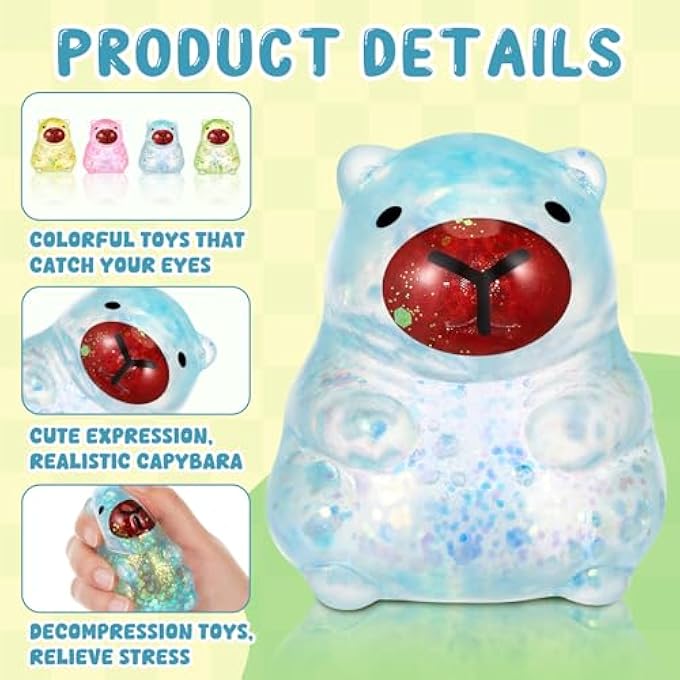 Simgoing 6 Pcs Sensory Fidget Stress Relief Glitter Capybara Squeeze 4 Colors Cute Malt Sugar Filled Stretchy Capybara Squeeze for Adults Soothing Birthday Party Gift - Image 3