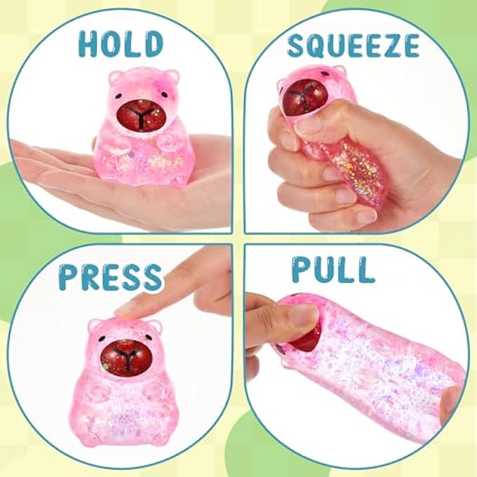 Simgoing 6 Pcs Sensory Fidget Stress Relief Glitter Capybara Squeeze 4 Colors Cute Malt Sugar Filled Stretchy Capybara Squeeze for Adults Soothing Birthday Party Gift - Image 4