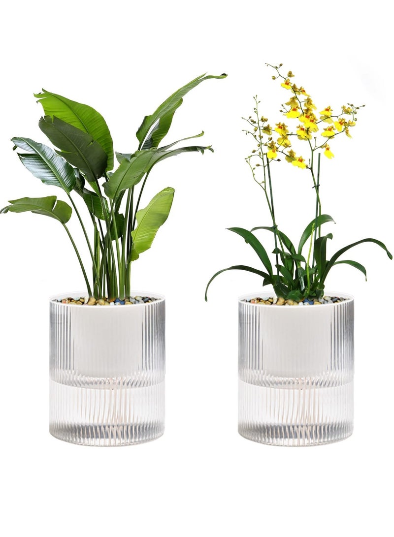 KASTWAVE Flower Pot Automatic Watering 4-inch Indoor Planter Double-layer Transparent White Plastic Flowerpot Water Storage Family Cylindrical Rib Decoration Violet Orchid Aloe Herb Absorption Free - Image 1