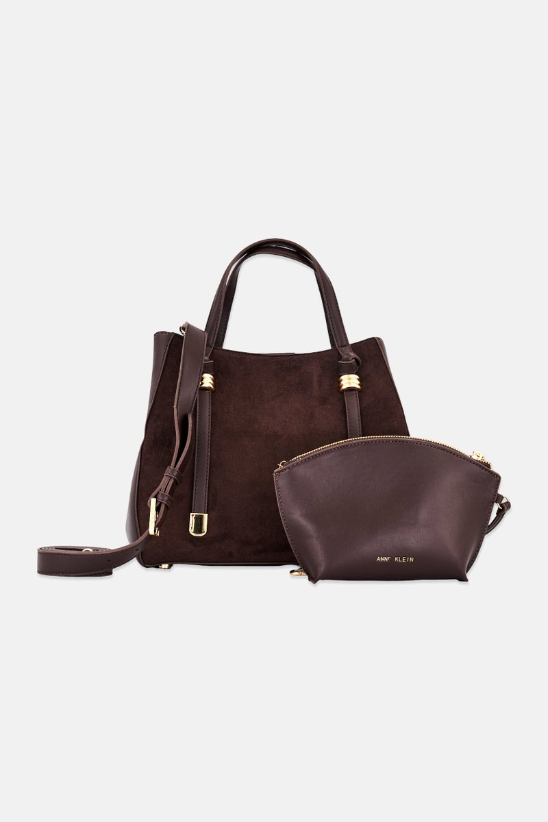 ANNE KLEIN Women 2 Pcs Monaco Satchel Bag With Pouch, Coffee Brown - Image 1