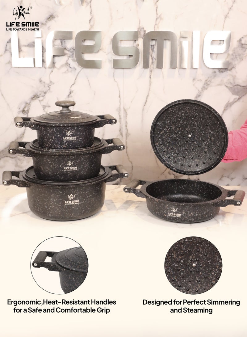 Life Smile 8pc Non Stick Cookware set - Granite Pots and Pans set ,100% PFOA FREE Casseroles,Cookwares with Bakelite Knob & Handles, Induction Base Cooking Set include 20/24/28cm Soup Pot & 26cm Shallow Pot - Image 5