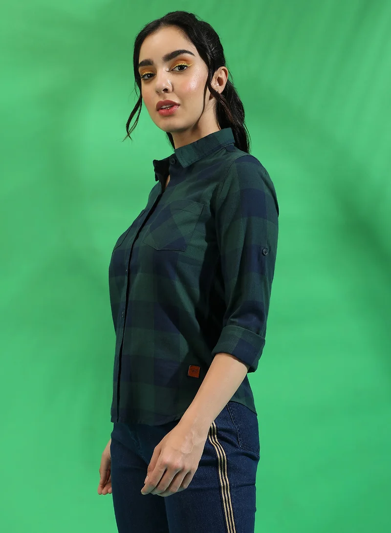 كامبوس سوترا قميص نسائي كاروهات أخضر وأزرق بأزرار، مقاس عادي، للارتداء الكاجوال، بياقة واسعة وأكمام طويلة، قطن، مريح للاستخدام اليومي