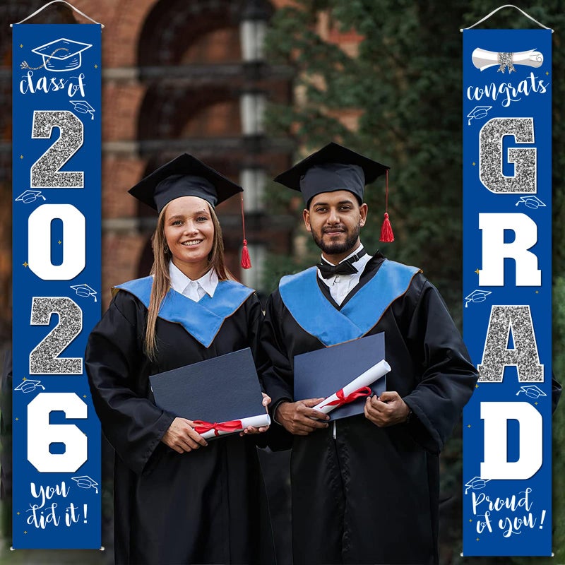 ATFUNSHOP Graduation Decorations Class of 2026 | Congrats Grad Banner - Porch Sign Blue Silver | Grad Party Decorations Graduates Party Supplies - Image 2