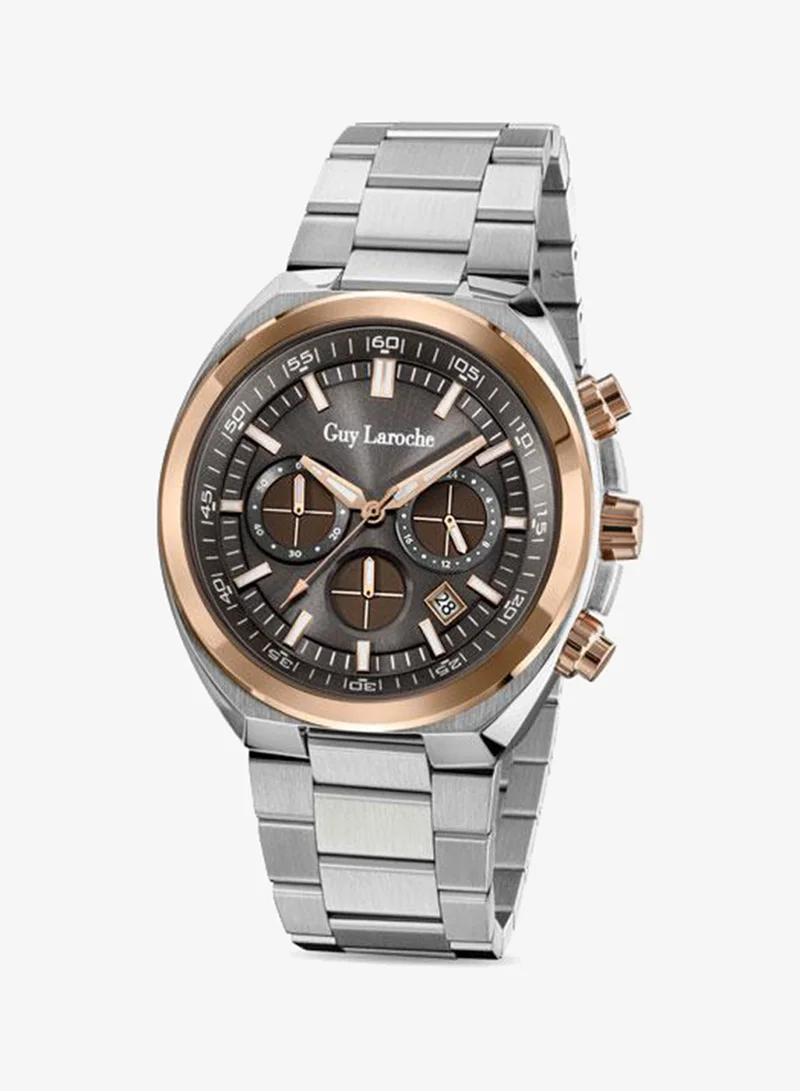 Guy Laroche Baptiste Grey Dial Silver Metal Bracelet Chronograph Watch for Men 44mm