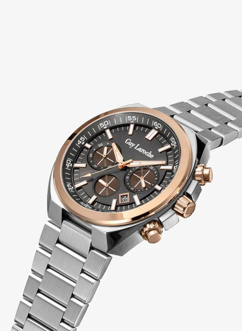 Guy Laroche Baptiste Grey Dial Silver Metal Bracelet Chronograph Watch for Men 44mm