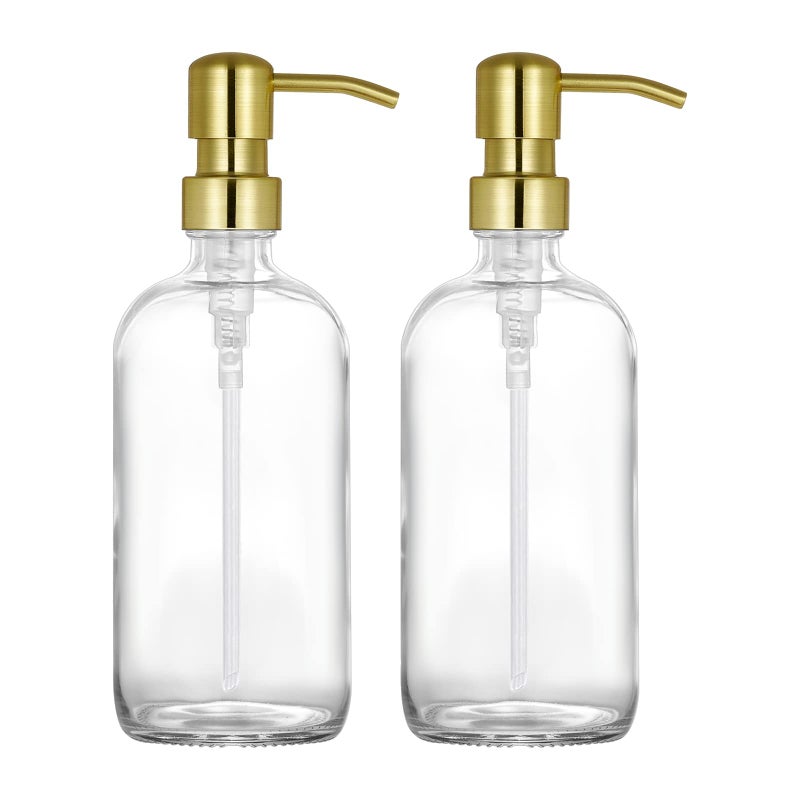 CHBJDAN 2 Pack Thick Clear Glass Pint Hand Soap Dispenser Bathroom with Gold Stainless Steel Pump 16ounce Clear Boston Round Bottles Dispenser with Rustproof Pump for Kitchen Dish Lotion Soap