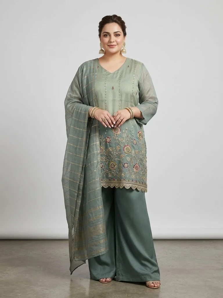Viny VINY Green Floral Embroidered Suit Set – Plus Size Women's Indian Ethnic Wear