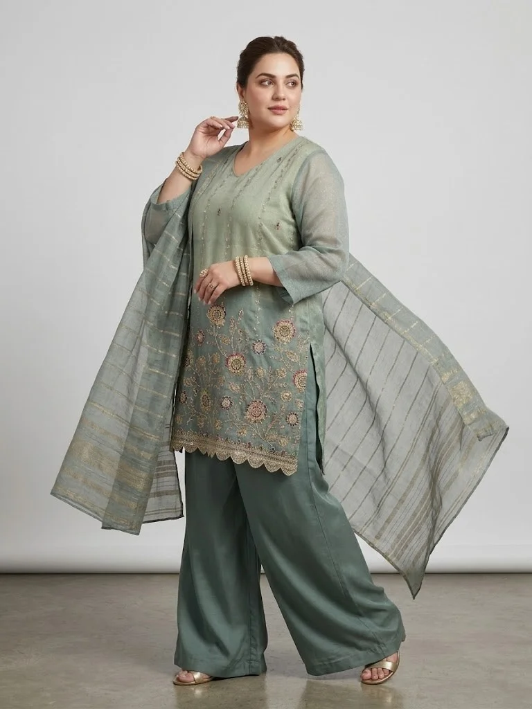 Viny VINY Green Floral Embroidered Suit Set – Plus Size Women's Indian Ethnic Wear