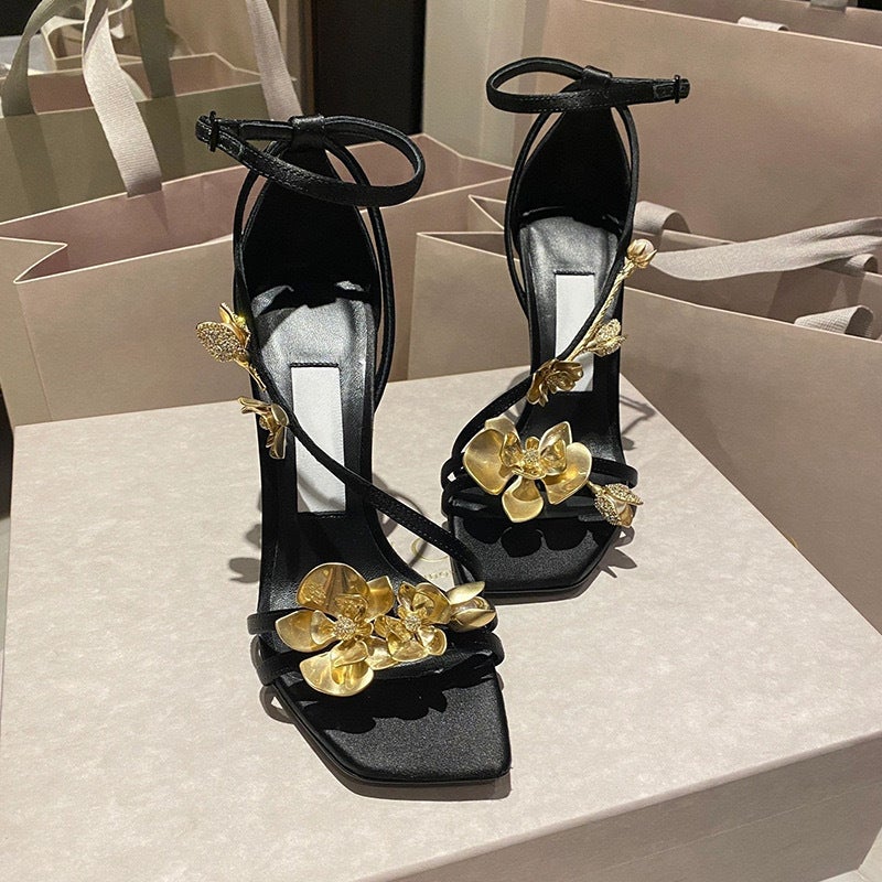 2024 Step Raw Flower Golden Flower High Heel Shoes Sandals With Design Open Toe - Image 2