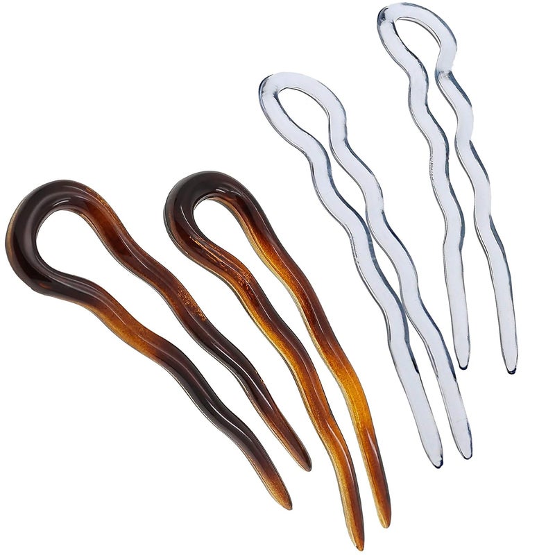 Camila Paris Combo French Twist Stick Hair Fork, 4 Small Wavy U Shaped Hair Pin Clip for Spiral Updo Bun, Tortoise Shell and Clear, Fashion Flexible Styling Hair Accessories for Women, Made in France