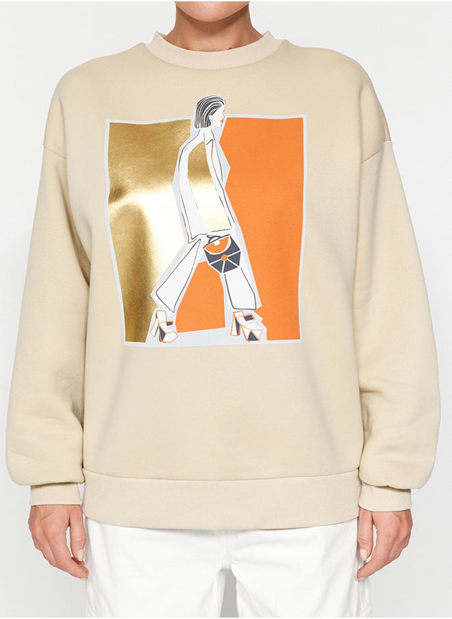 trendyol - Stone Foil Printed Thick Inside Fleece Crew Neck Oversize Knitted Sweatshirt TWOAW24SW00132 - Image 1