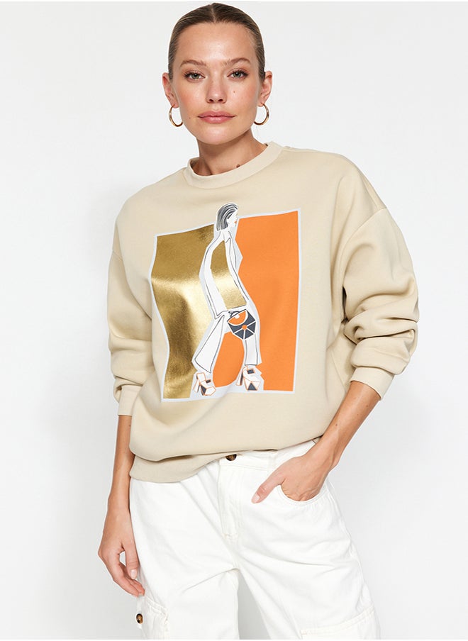 trendyol - Stone Foil Printed Thick Inside Fleece Crew Neck Oversize Knitted Sweatshirt TWOAW24SW00132 - Image 1