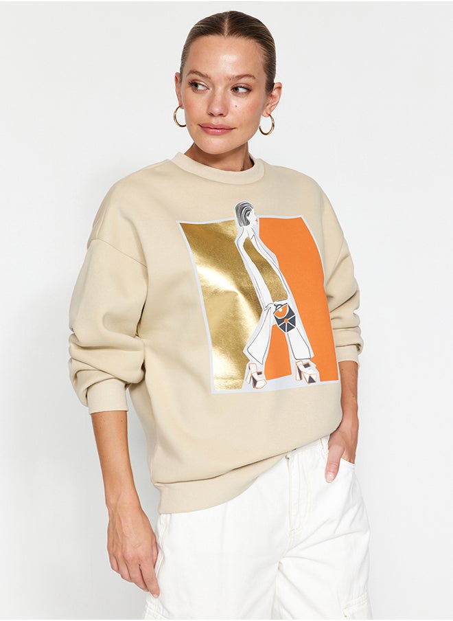 trendyol - Stone Foil Printed Thick Inside Fleece Crew Neck Oversize Knitted Sweatshirt TWOAW24SW00132 - Image 1