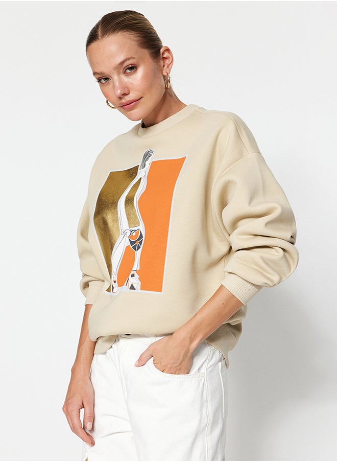 trendyol - Stone Foil Printed Thick Inside Fleece Crew Neck Oversize Knitted Sweatshirt TWOAW24SW00132 - Image 1