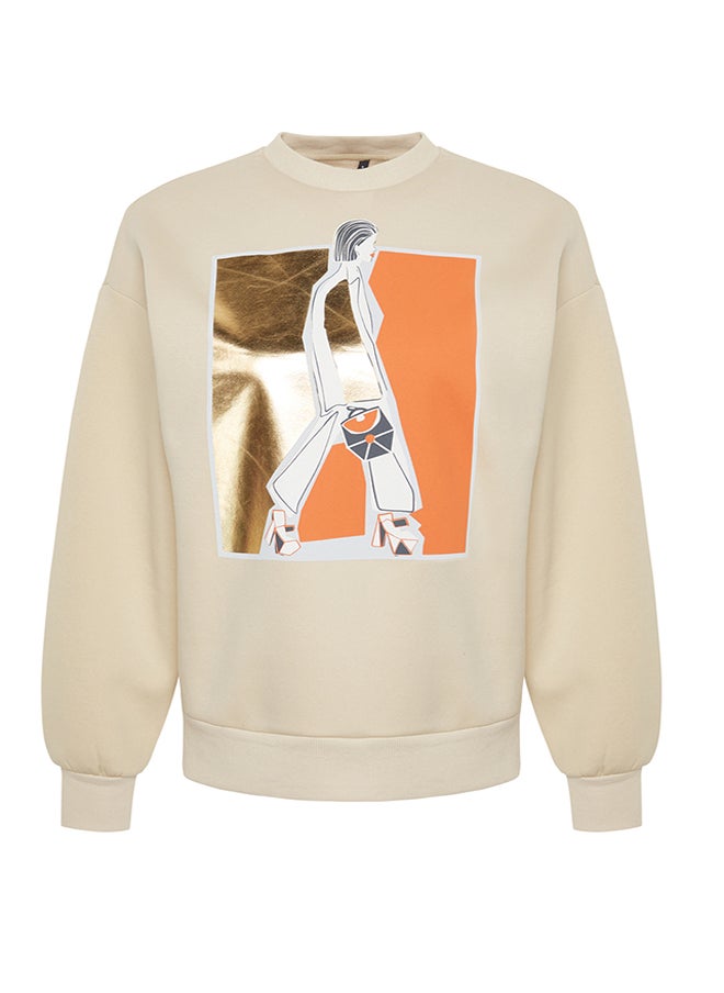 trendyol - Stone Foil Printed Thick Inside Fleece Crew Neck Oversize Knitted Sweatshirt TWOAW24SW00132 - Image 1