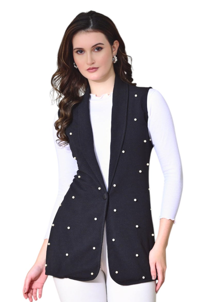 IUGA Black Women Sleeveless Solid Front Open Neck Shrug (468) - Image 1