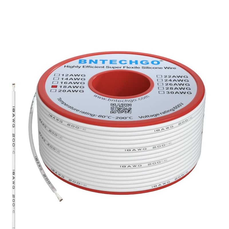BNTECHGO 18 Gauge Silicone Wire Spool 50 ft White Flexible 18 AWG Stranded Tinned Copper Wire Single Conductor Wire - Image 1