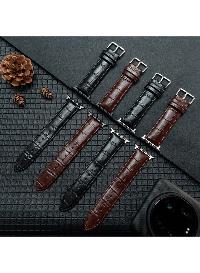 Premium PU Leather Strap for Apple Watch | Compatible with Series 10/9/8/7/6/SE & Ultra 2 | Crocodile Embossed Faux Leather Band | Available for 42/44/45/49mm & 38/40/41mm - Classic Brown - Image 1
