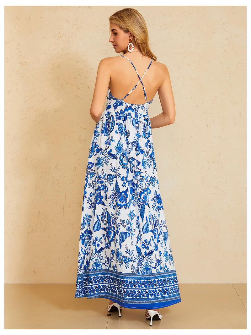 MakeMeChic Women's Summer Boho Wedding Guest Dress Flowy Maxi Backless Sundress Beach Dress Hawaiian Vacation Outfits Blue and White Large - Image 2