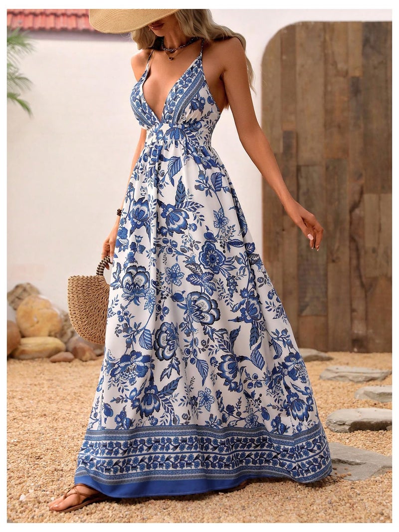 MakeMeChic Women's Summer Boho Wedding Guest Dress Flowy Maxi Backless Sundress Beach Dress Hawaiian Vacation Outfits Blue and White Large - Image 5