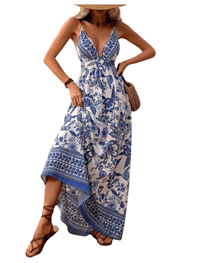 MakeMeChic Women's Summer Boho Wedding Guest Dress Flowy Maxi Backless Sundress Beach Dress Hawaiian Vacation Outfits Blue and White Large - Image 1