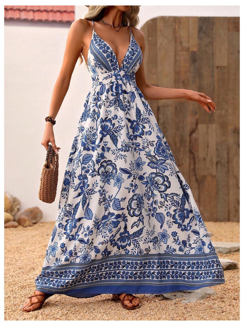 MakeMeChic Women's Summer Boho Wedding Guest Dress Flowy Maxi Backless Sundress Beach Dress Hawaiian Vacation Outfits Blue and White Large - Image 3