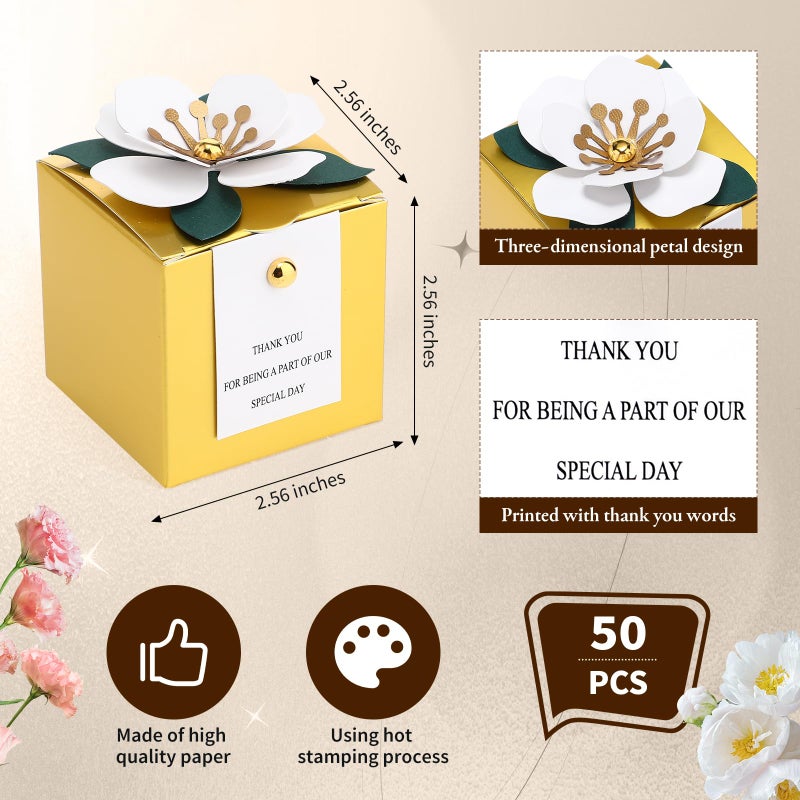 Affrolling 50 Pcs Wedding Favor Boxes with Thanks Card Square Flower Candy Boxes Paper Bridal Gift Box for Guests Wedding Bridal Shower Birthday Party Anniversary (Gold) - Image 2