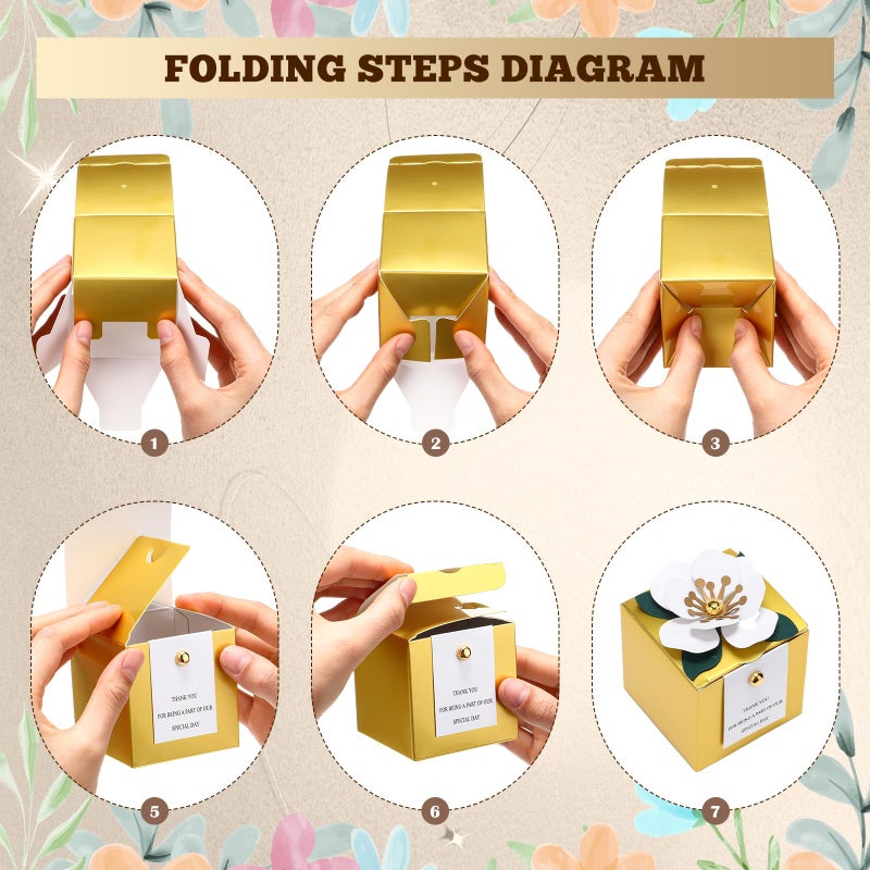 Affrolling 50 Pcs Wedding Favor Boxes with Thanks Card Square Flower Candy Boxes Paper Bridal Gift Box for Guests Wedding Bridal Shower Birthday Party Anniversary (Gold) - Image 4