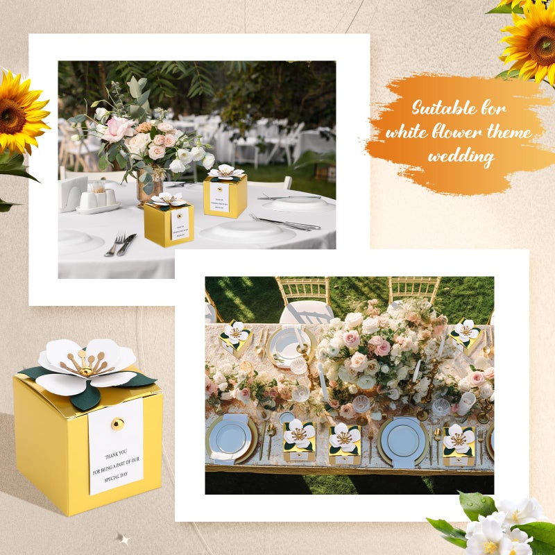 Affrolling 50 Pcs Wedding Favor Boxes with Thanks Card Square Flower Candy Boxes Paper Bridal Gift Box for Guests Wedding Bridal Shower Birthday Party Anniversary (Gold) - Image 5