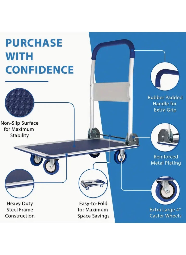 Tuffco Platform Trolley with 150kg Loading Capacity, Heavy-Duty Foldable Cart, Durable Steel Frame, Non-Slip Handle, 4 Smooth Swivel Wheels, Ideal for Warehouse, Office, and Home Use  - Image 2