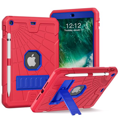 SIBEITU New iPad 5th 6th Generation Case 9.7 inch 2017 2018 Released with Stand & Pencil Holder | Kids Friendly 3-Layer Heavy Duty Rugged Protective Shockproof | Red & Blue - Image 1