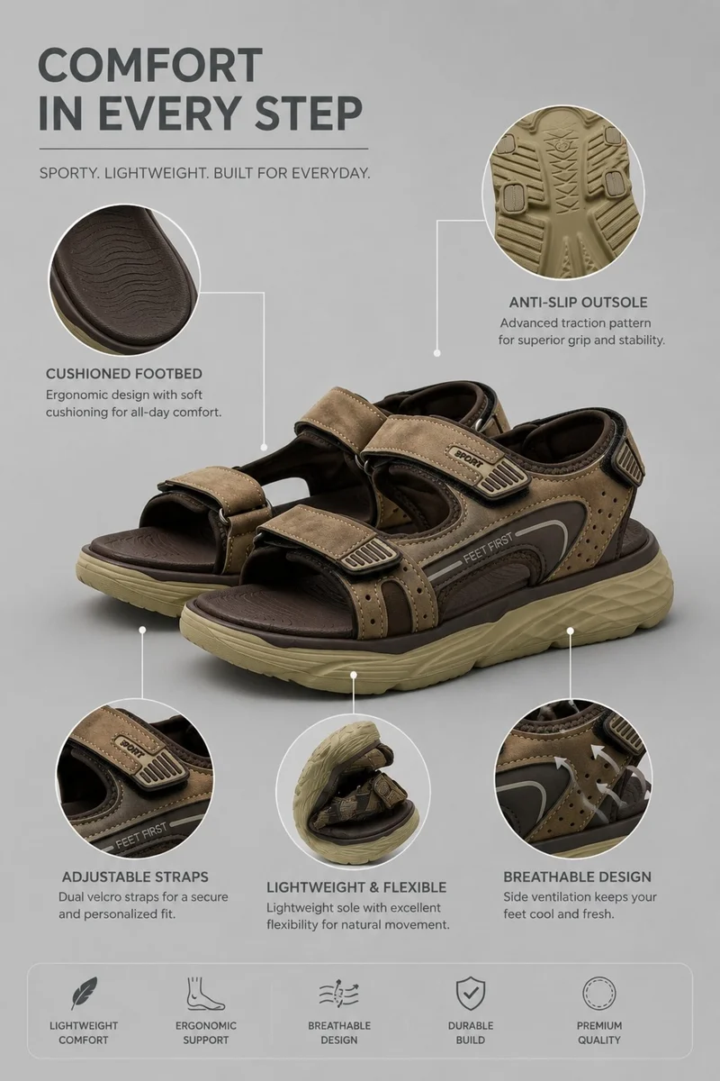 Feet First Men’s Sports Sandals with Adjustable Velcro Straps – Lightweight Comfort Outdoor Walking Sandals