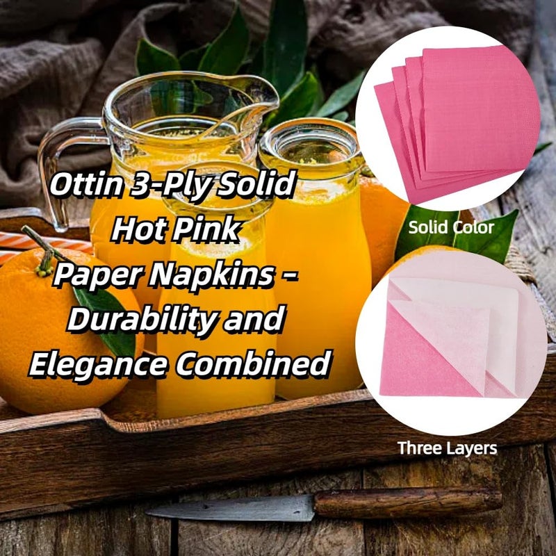 Ottin Solid Hot Pink Paper Dinner Napkins 6.5'' Disposable Luncheon Napkins 50 Count for Birthday Wedding Party Everyday Lunch Dinner Event - Image 2