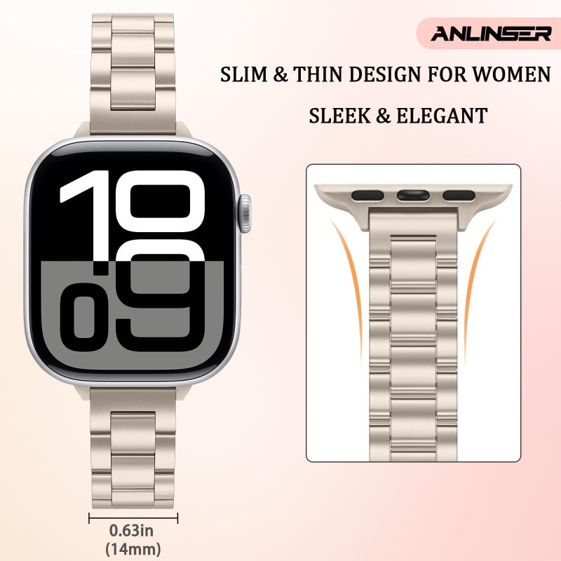 Anlinser Bands Compatible with Apple Watch Band 42mm 41mm 40mm 38mm, Women Slim Stainless Steel Metal Strap for iWatch Series 10 9 8 7 6 5 4 3 2 1 SE (Starlight) - Image 3