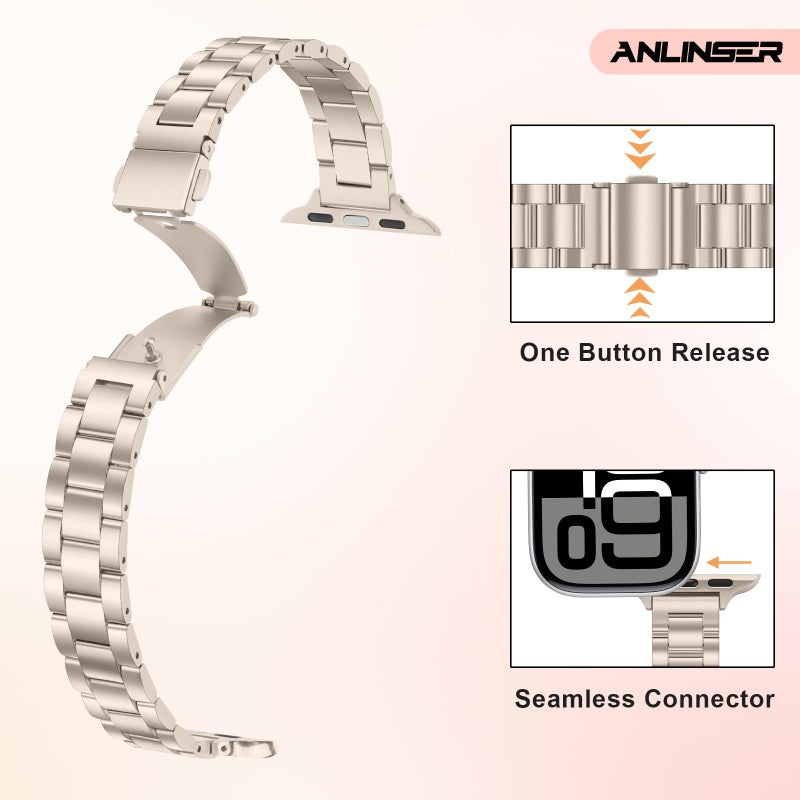 Anlinser Bands Compatible with Apple Watch Band 42mm 41mm 40mm 38mm, Women Slim Stainless Steel Metal Strap for iWatch Series 10 9 8 7 6 5 4 3 2 1 SE (Starlight) - Image 4