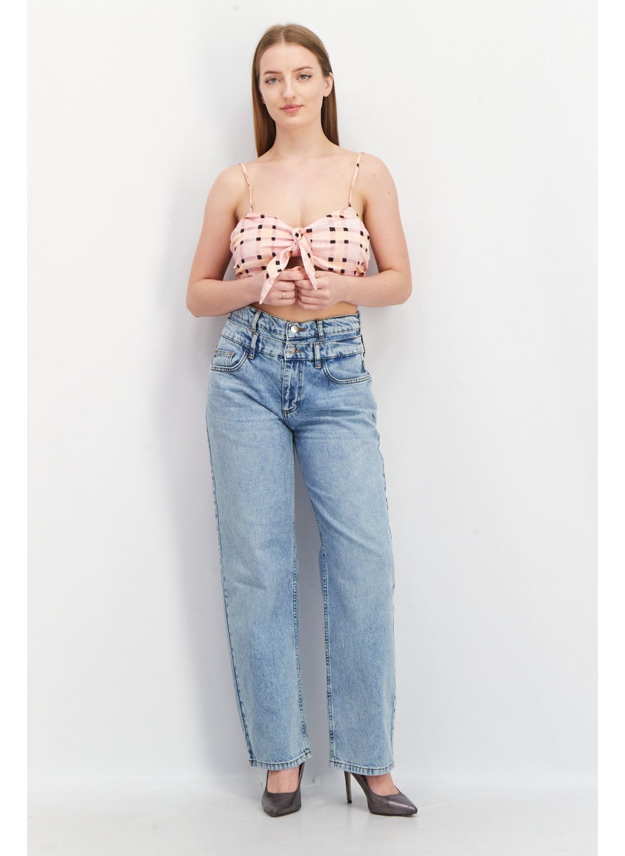 TOPSHOP Women V Neck Sleeveless Windowpane Print Crop Top, Pink  - Image 3