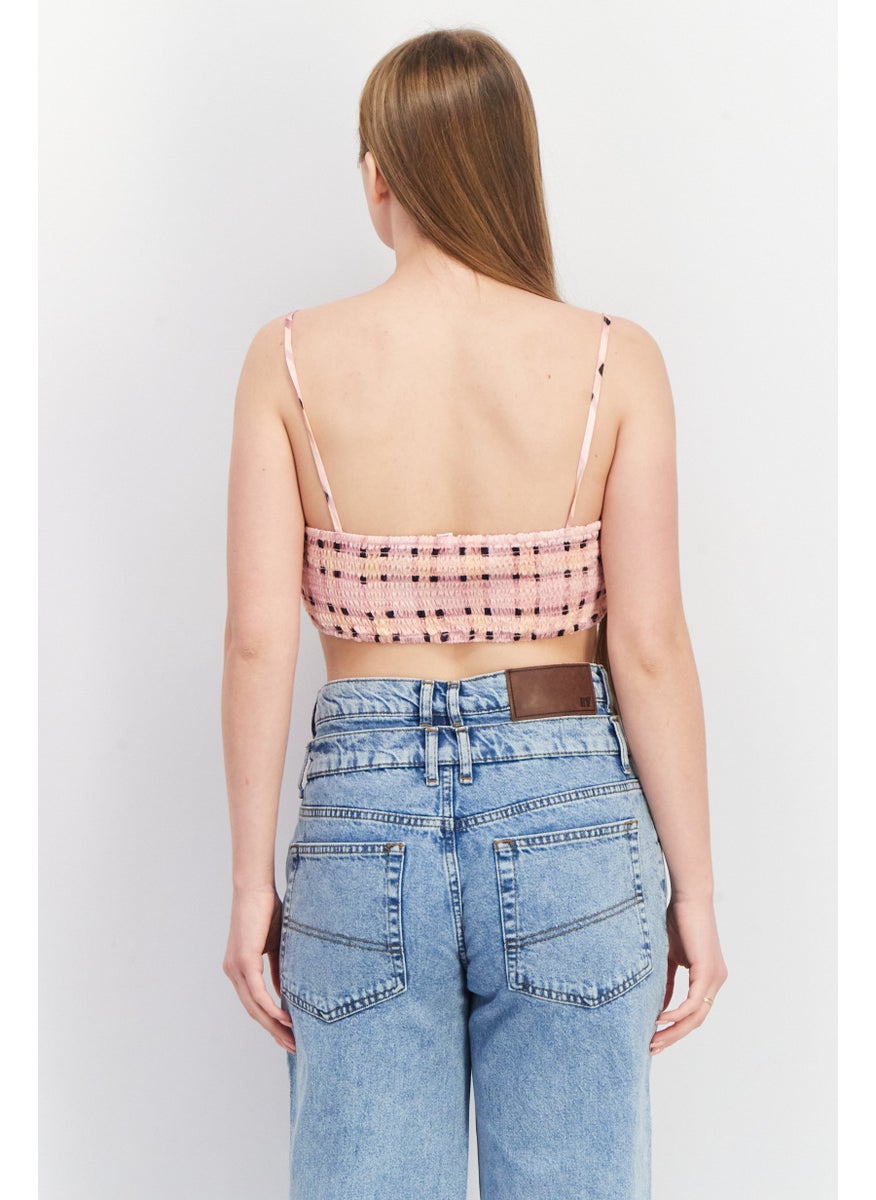 TOPSHOP Women V Neck Sleeveless Windowpane Print Crop Top, Pink  - Image 2