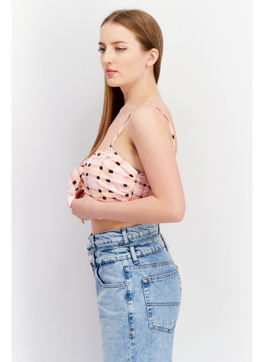 TOPSHOP Women V Neck Sleeveless Windowpane Print Crop Top, Pink  - Image 4