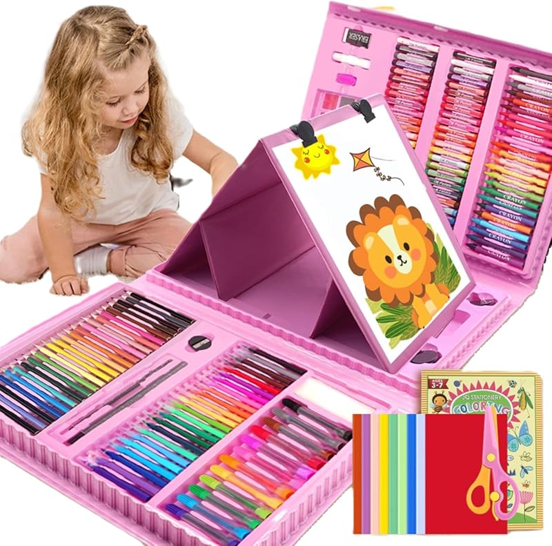Generic 208 Piece Art Supplies Drawing Kit for Kids, Art Set Case with Oil Pastels, Crayons, Colored Pencils, Origami Paper, Scissors, Coloring Book (Pink, 25 cm x 25 cm)