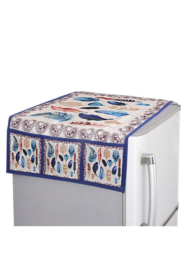 Kuber Industries Fridge Top Cover with 6 Utility Side Pockets|Birds Wings Design & Cotton Material| Size 94 x 54 CM (Cream and Blue)-CTKTC032705