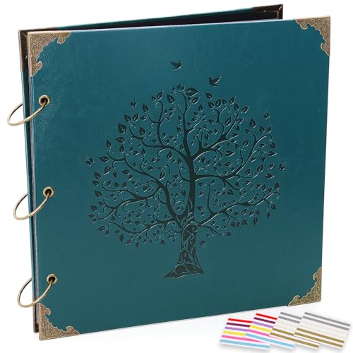 ADVcer Photo Album DIY Scrapbook, 10x10 inch 50 Pages Vintage Leather Cover Three-Ring Binder Family Picture Booth Albums with 408pcs Self Adhesive Photos Corners for Memory Keep, Tree (Jasper Green) - Image 1