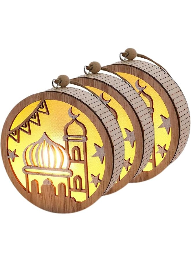 The Bros Wood Material Moon Star Hanging LED Night Light, Ramadan Eid Mubarak Ornaments, Eid Crafts Gift for Home Party Bedroom (Style C-3pcs) 