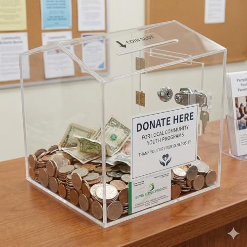 Rasper Transparent Acrylic Donation Box Daan Patra Visiting Card Drop Box Ballot Lucky Draw Box for Coupon Collection Daan Peti (Standard Size 8x8x8 Inches, Hut Shape) with Lock Facility - Image 3