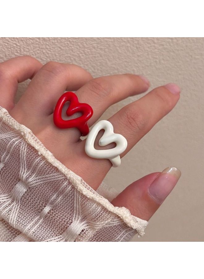 Sweet Color Enamel Dropping Glaze Dopamine Finger Ring Sweetheart Girl Ins Personalized Open Niche Design Ring-Color:R—milk White + Red Love Open Ring  - Image 3