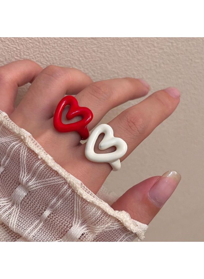 Sweet Color Enamel Dropping Glaze Dopamine Finger Ring Sweetheart Girl Ins Personalized Open Niche Design Ring-Color:R—milk White + Red Love Open Ring  - Image 2