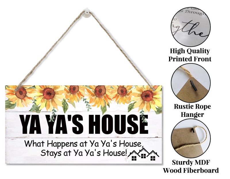 EDCTO علامة نمط عتيقة ya ya's house ما يحدث في منزل ya ya يبقى في منزل ya ya معلق الخشب علامة المنزل زخرفية wood wood wood sign for grandma 12x6 in - Image 5