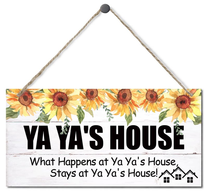 EDCTO علامة نمط عتيقة ya ya's house ما يحدث في منزل ya ya يبقى في منزل ya ya معلق الخشب علامة المنزل زخرفية wood wood wood sign for grandma 12x6 in - Image 1