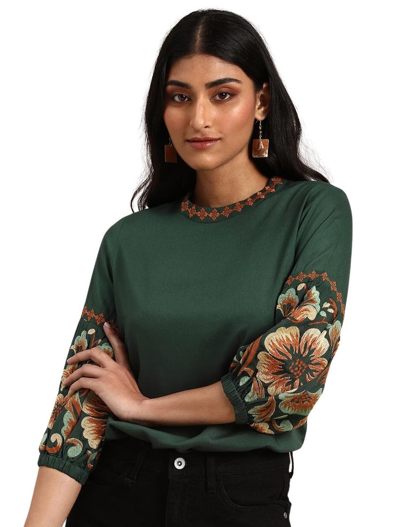 rytras Women's Embroidered Regular Top(Green,XXL) - Image 1