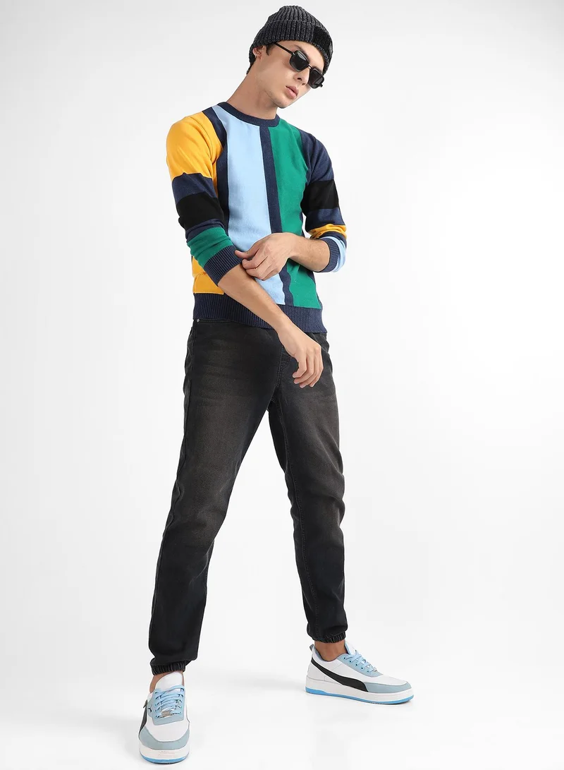 Campus Sutra Men's Multicolour Contrast Panel Relaxed Pullover Sweater